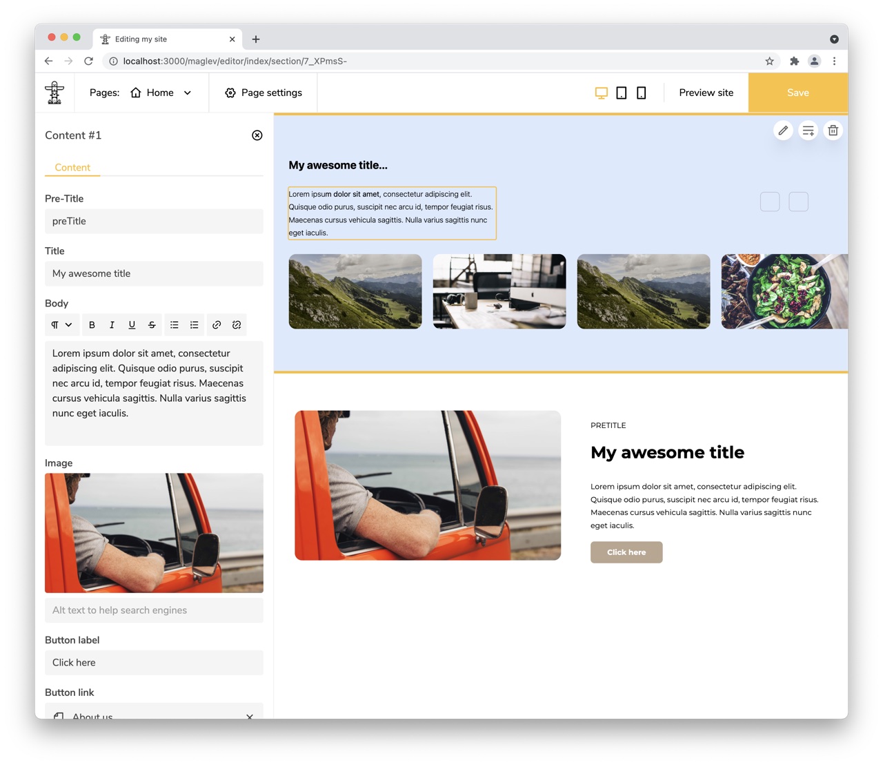 the Maglev Editor UI with a different logo, tab title and primary color.